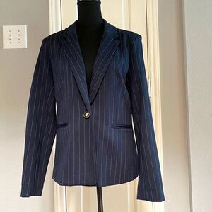 Vintage 90’s Career Suit Jacket Blazer Navy Blue Pinstripe  Fitted size 10